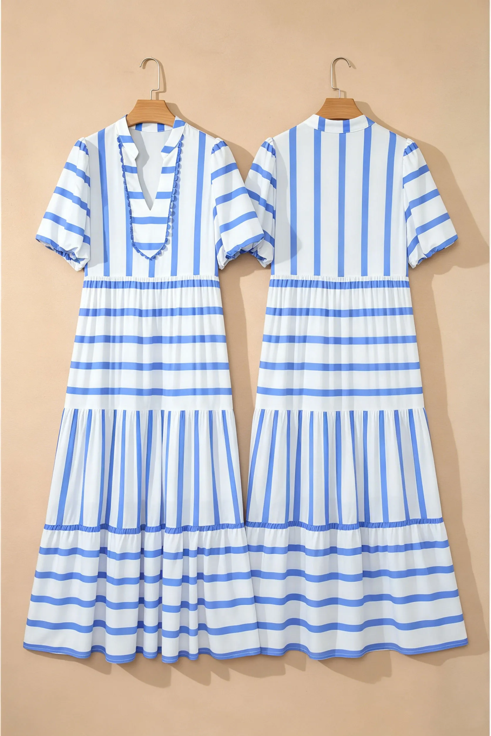 Sky Blue Striped Ricrac Trim V-Neck Midi Dress