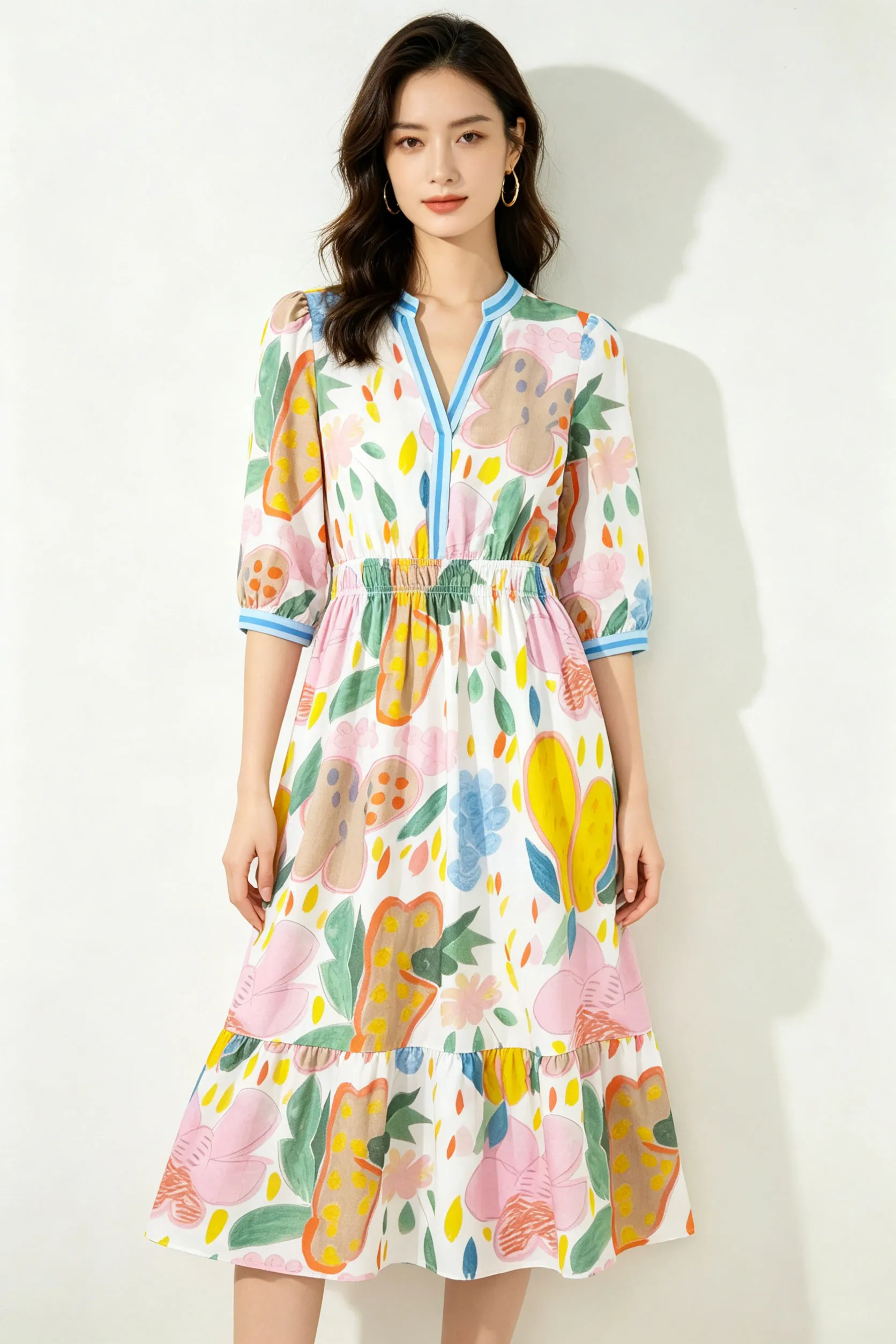 Multicolor Floral Print Striped Trim V-Neck Midi Dress