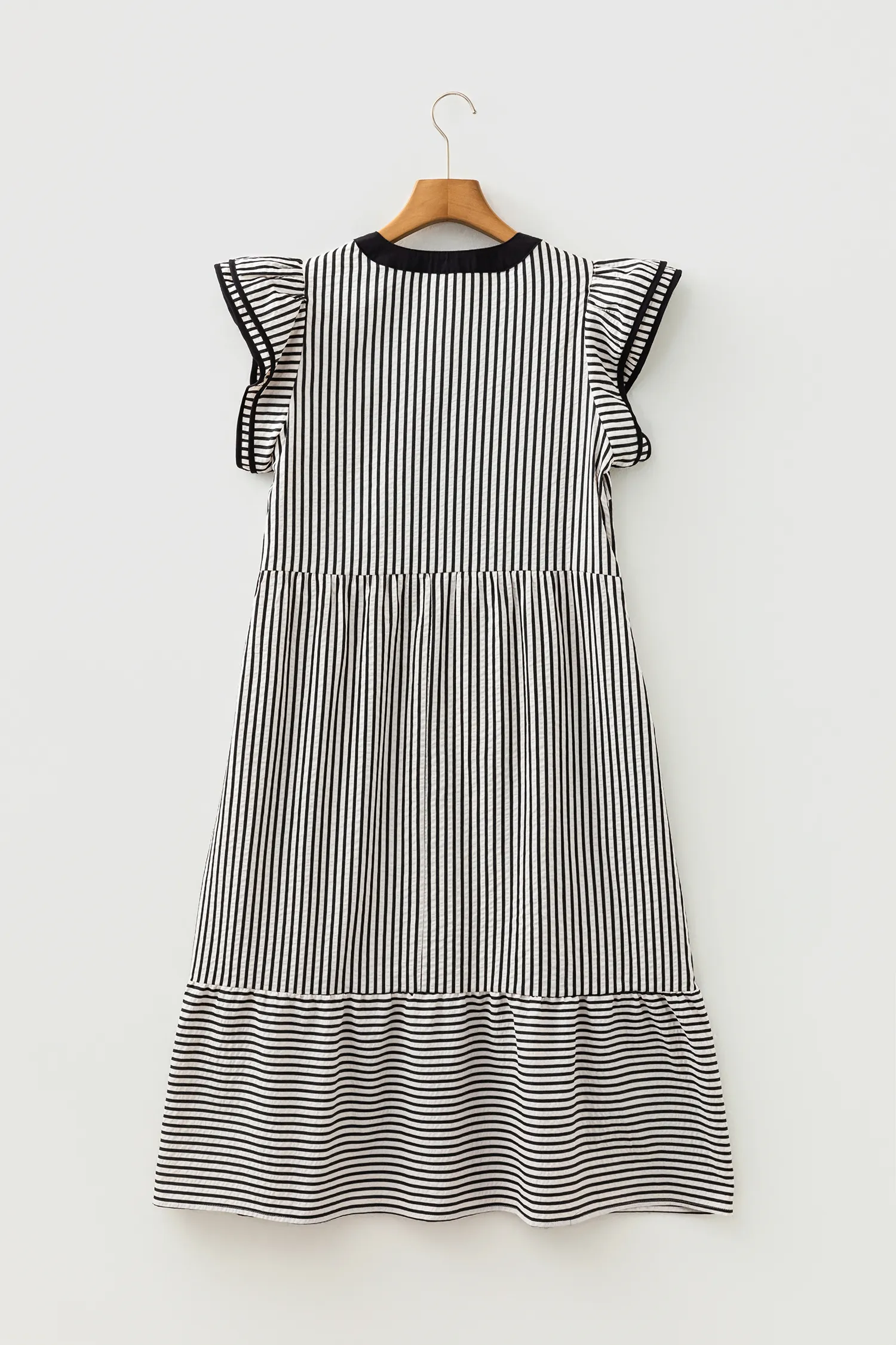 Black Stripe Double Ruffled Short Sleeve Contrast Trim V Neck Midi Dress