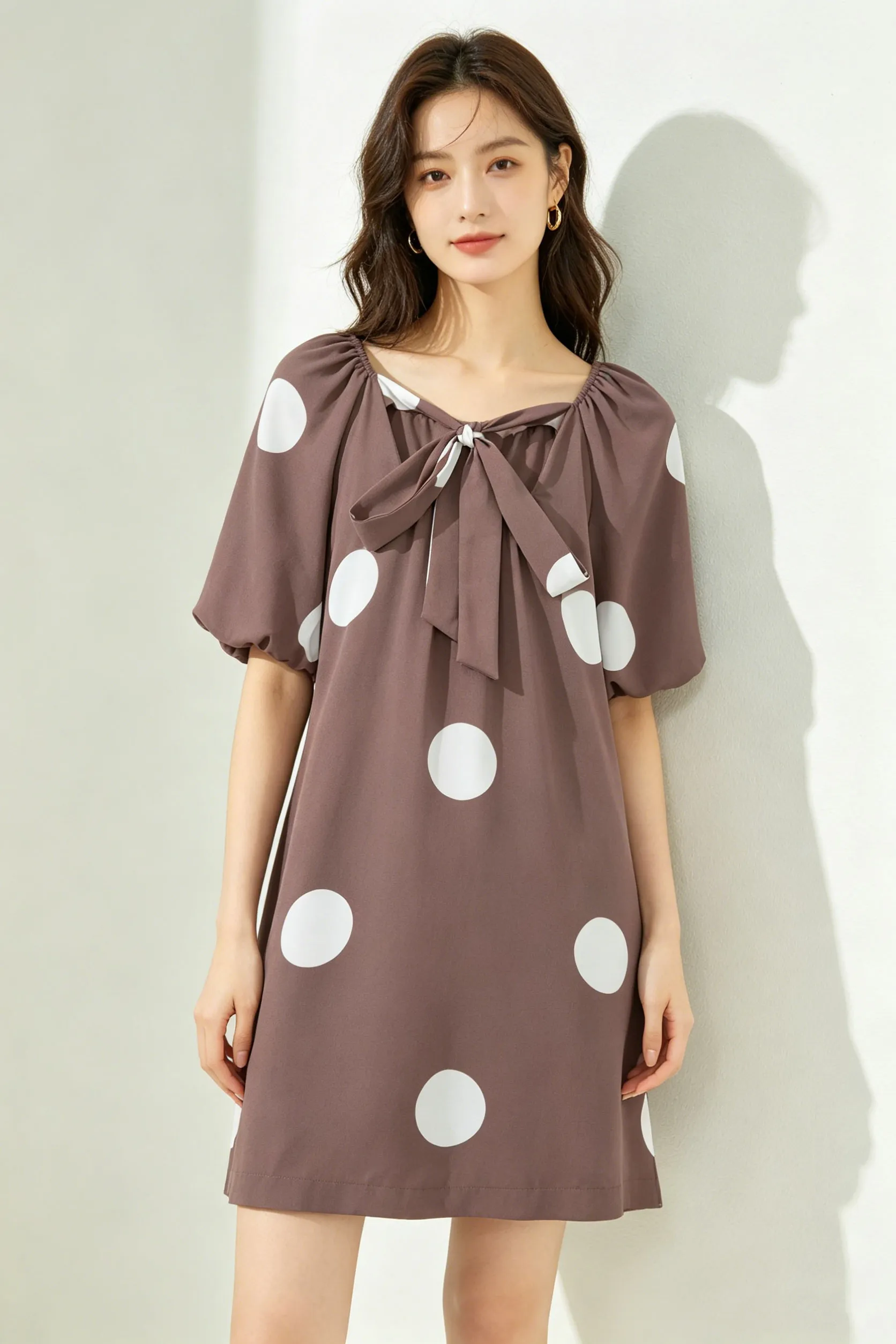 Brown Polka Dot Puff Sleeve Knot Back Mini Dress