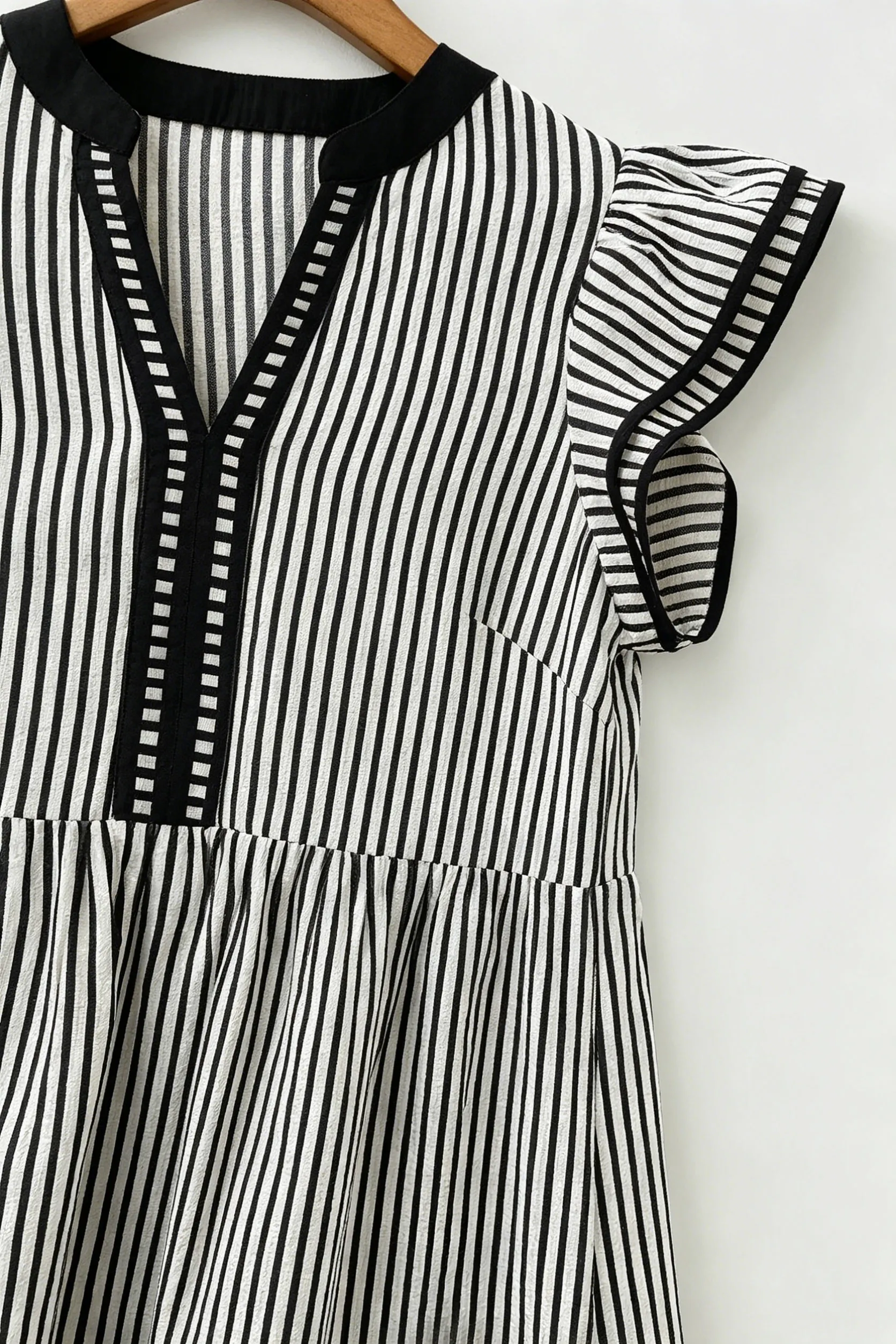 Black Striped Ruffle Sleeve V-Neck Midi Dress