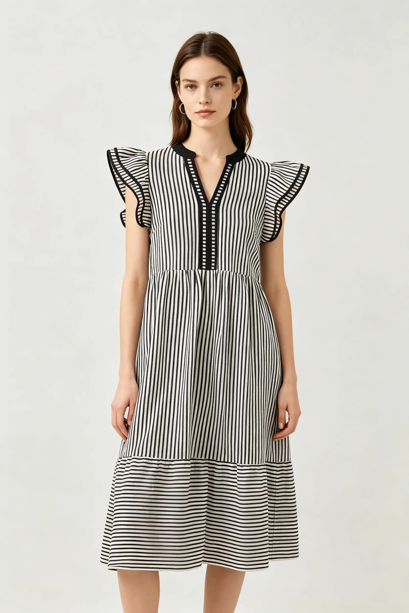 Black Striped Ruffle Sleeve V-Neck Midi Dress