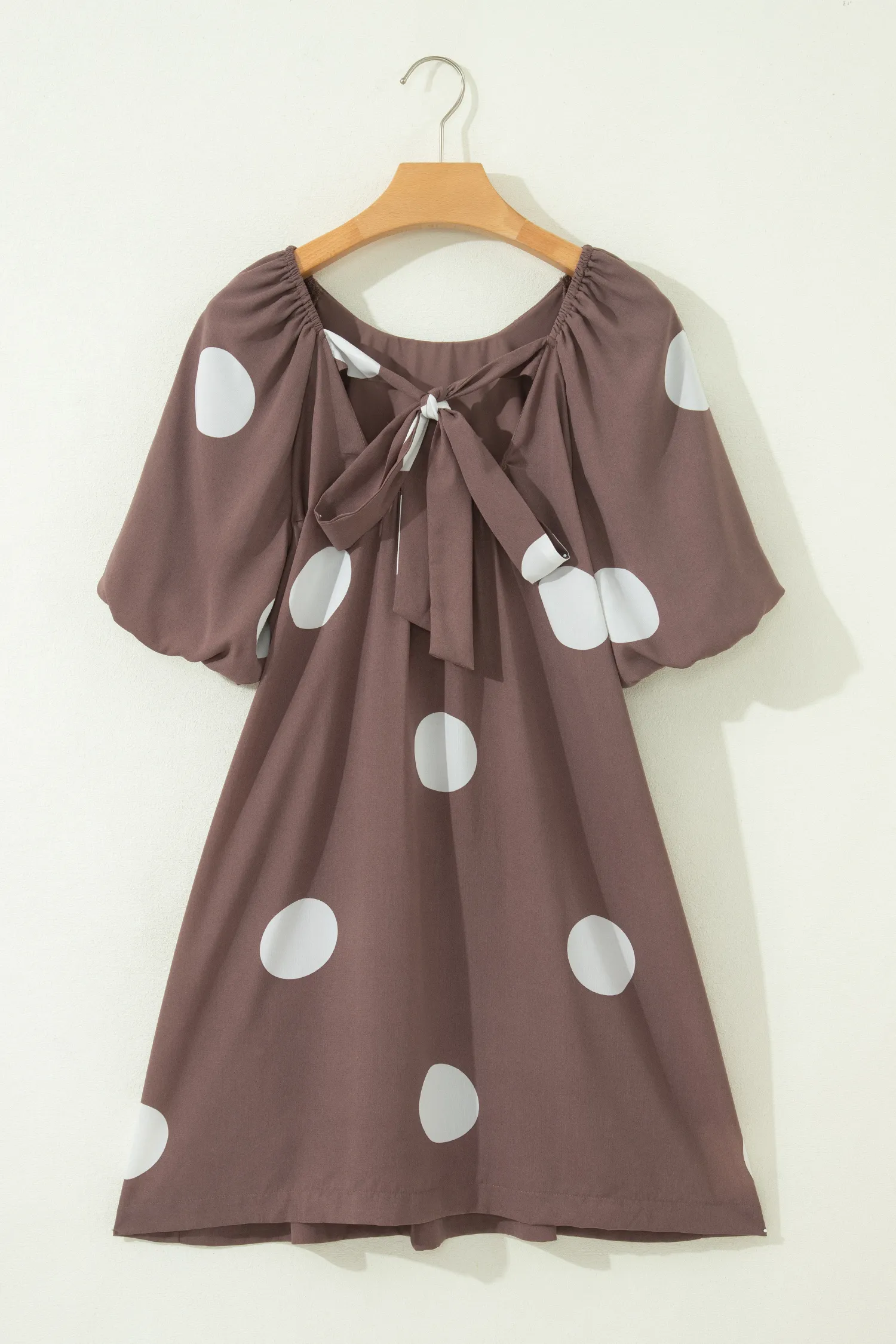 Brown Polka Dot Print Knot Back Short Puff Sleeve Loose Mini Dress