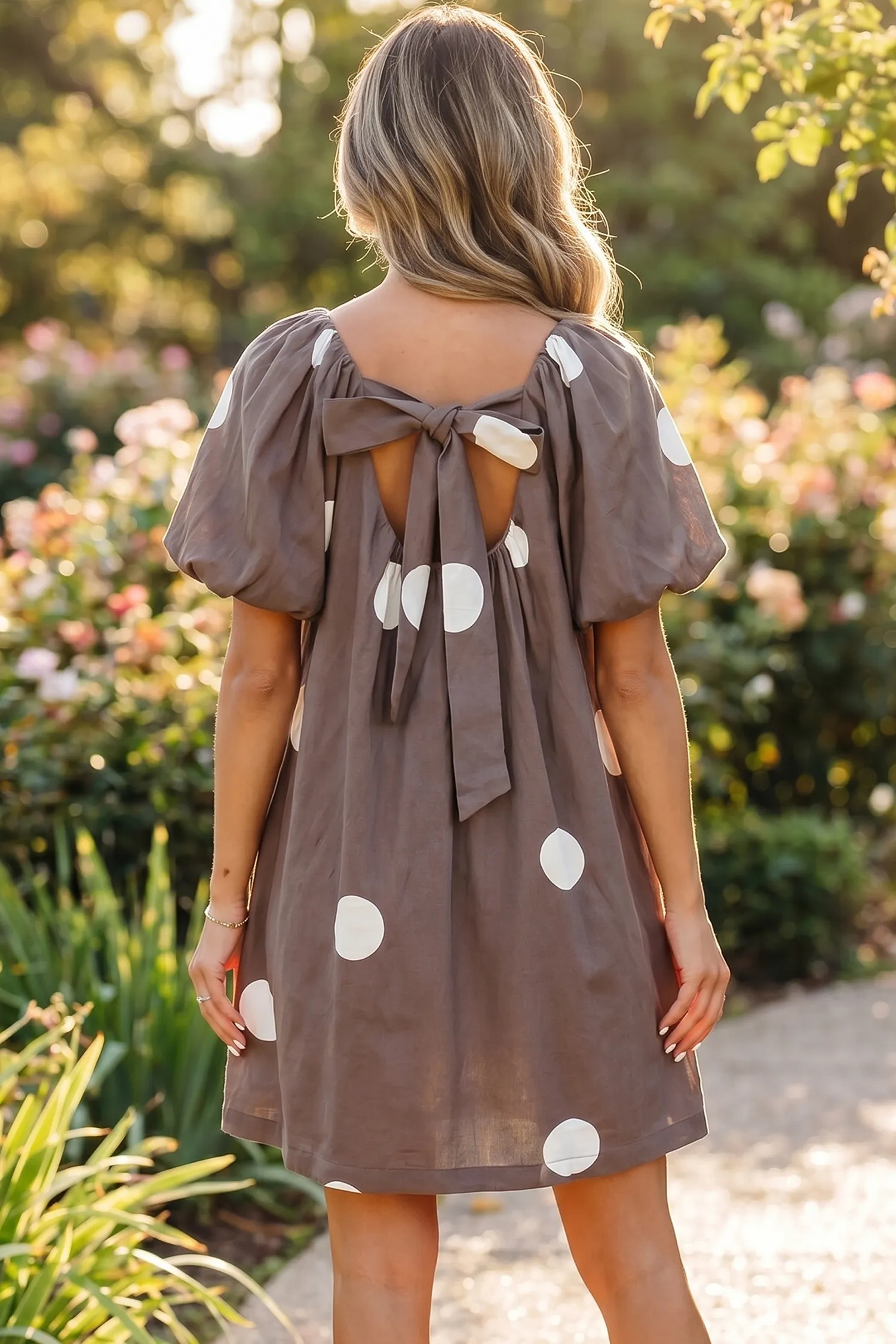 Brown Polka Dot Print Knot Back Short Puff Sleeve Loose Mini Dress