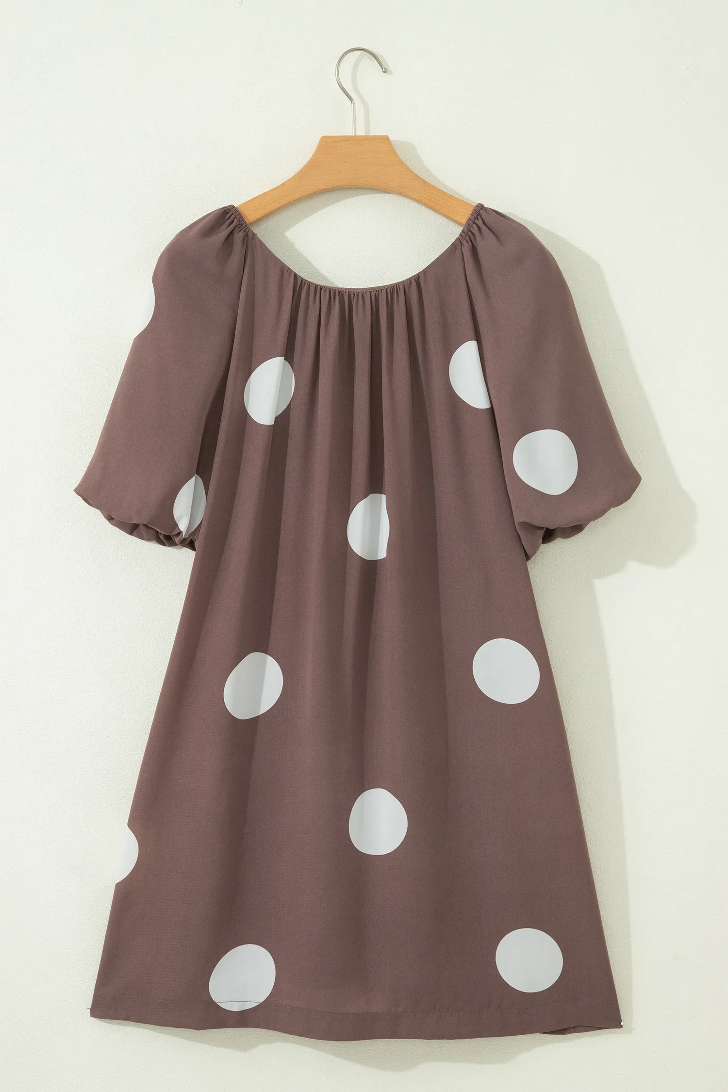 Brown Polka Dot Print Knot Back Short Puff Sleeve Loose Mini Dress