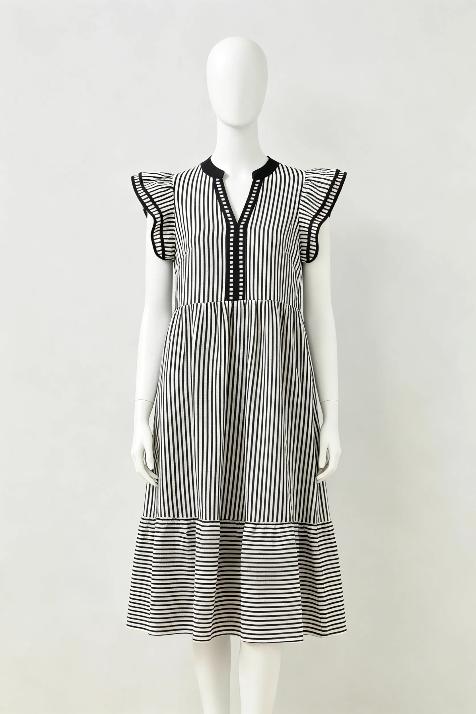 Black Striped Ruffle Sleeve V-Neck Midi Dress