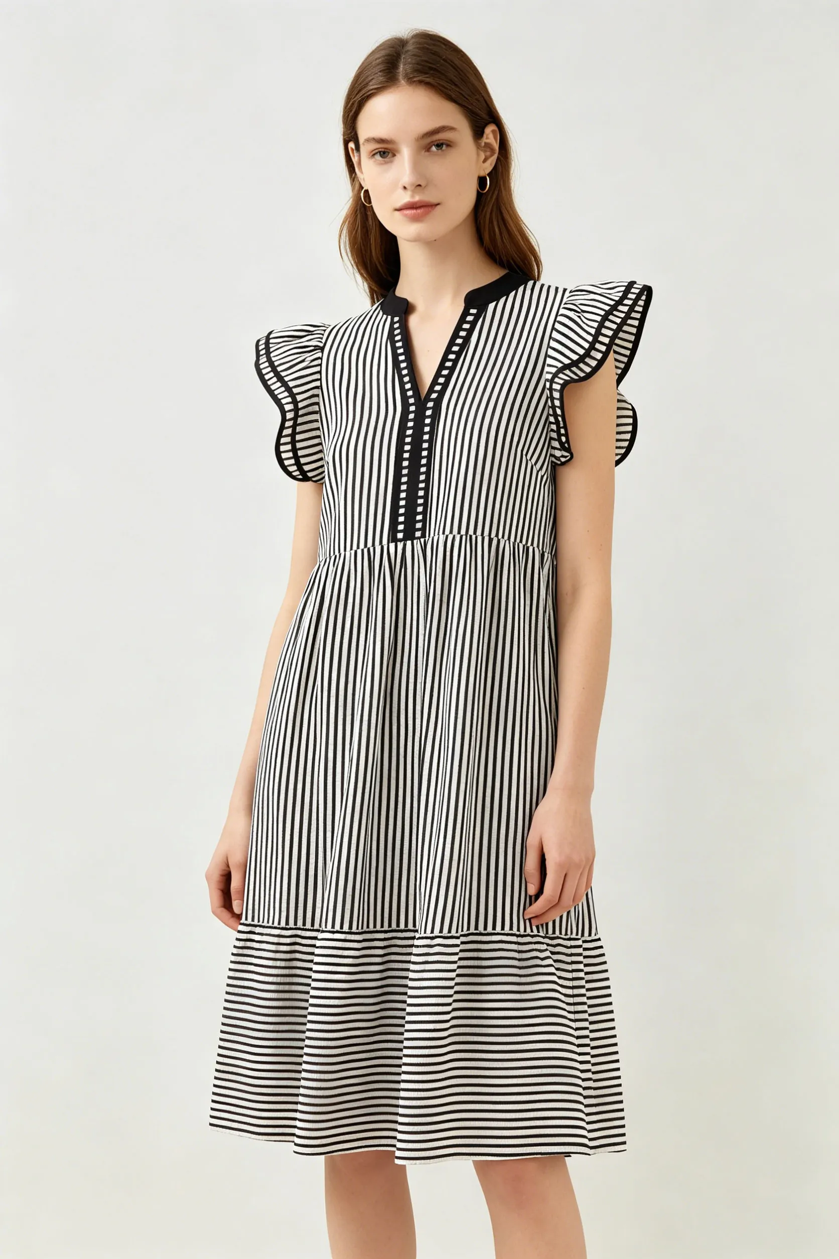 Black Striped Ruffle Sleeve V-Neck Midi Dress