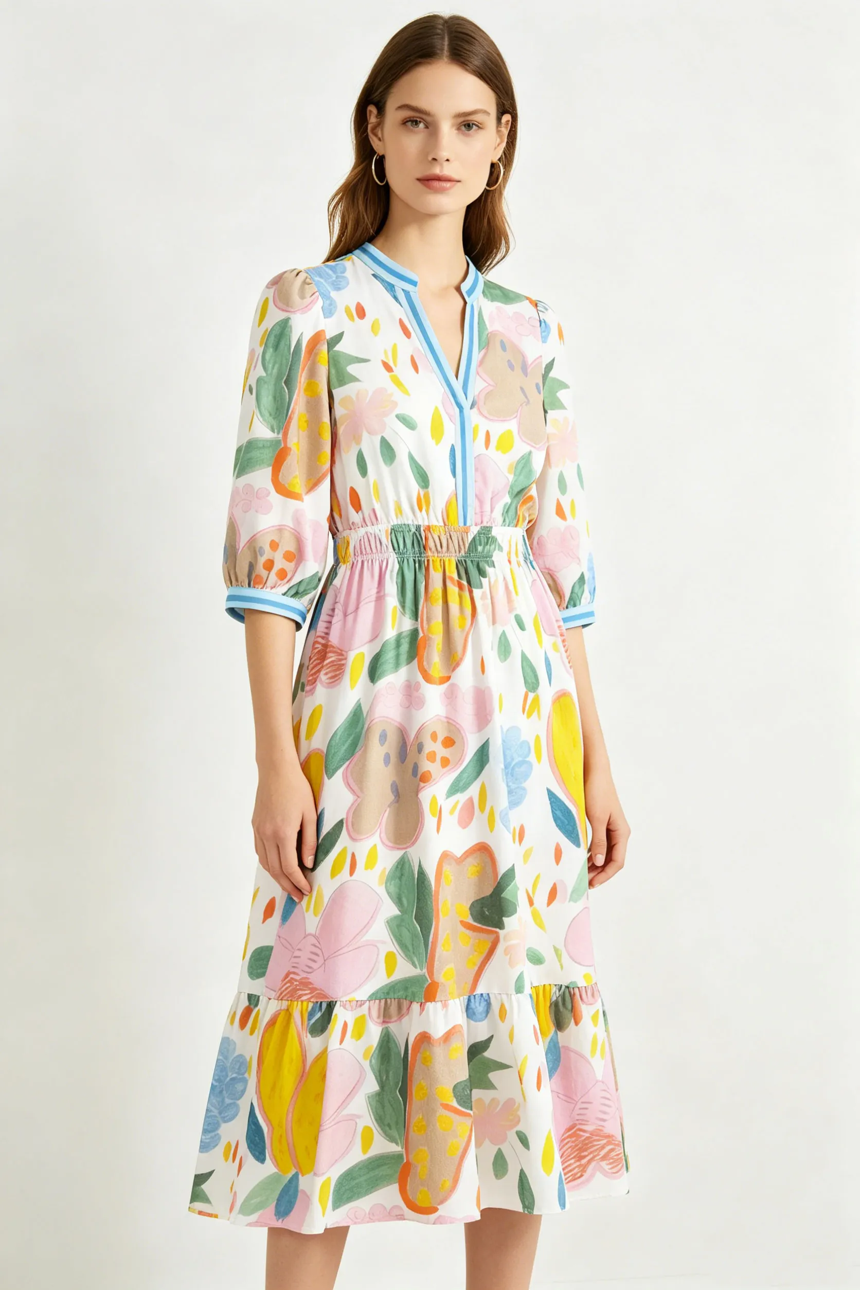 Multicolor Floral Print Striped Trim V-Neck Midi Dress