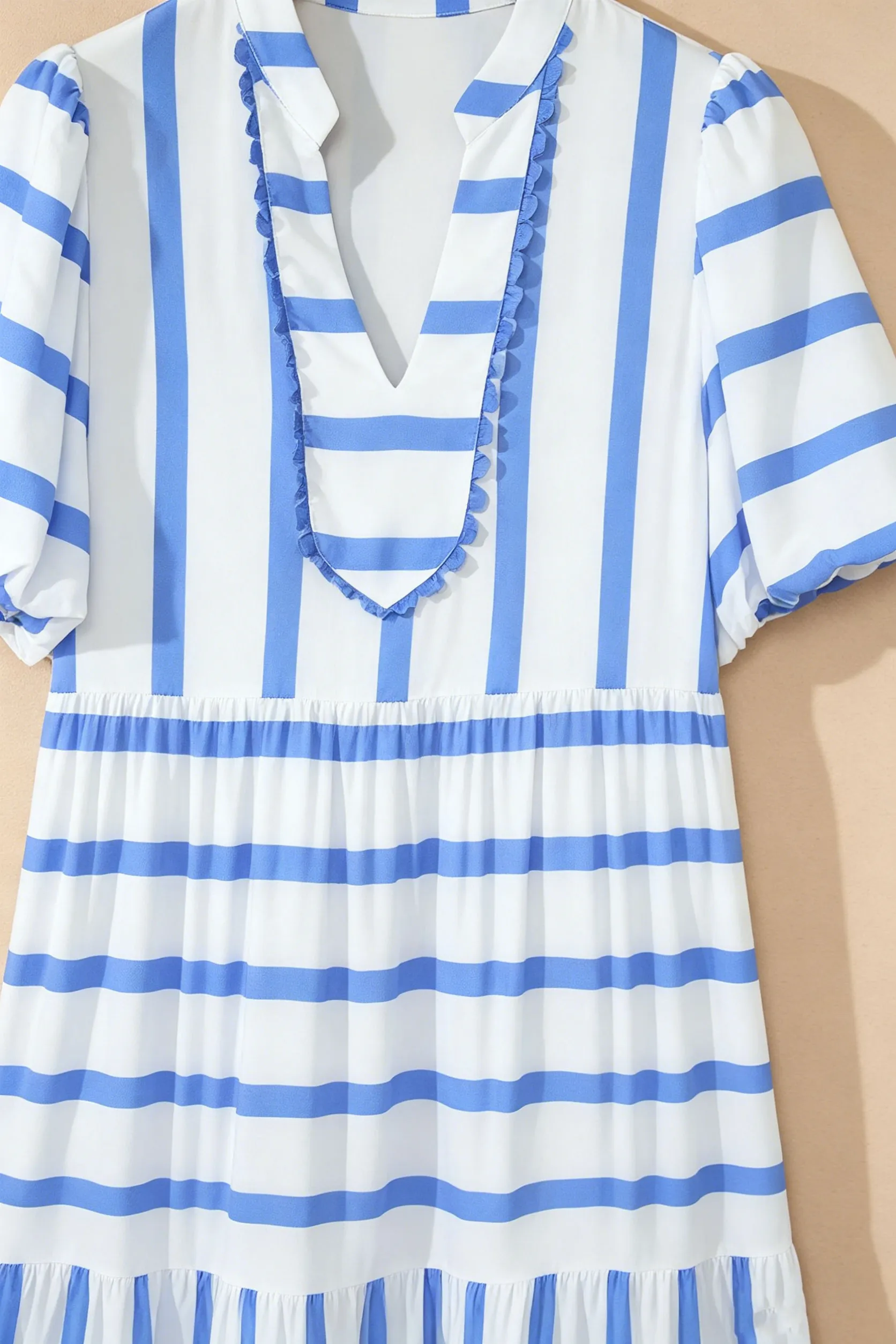 Sky Blue Striped Ricrac Trim V-Neck Midi Dress