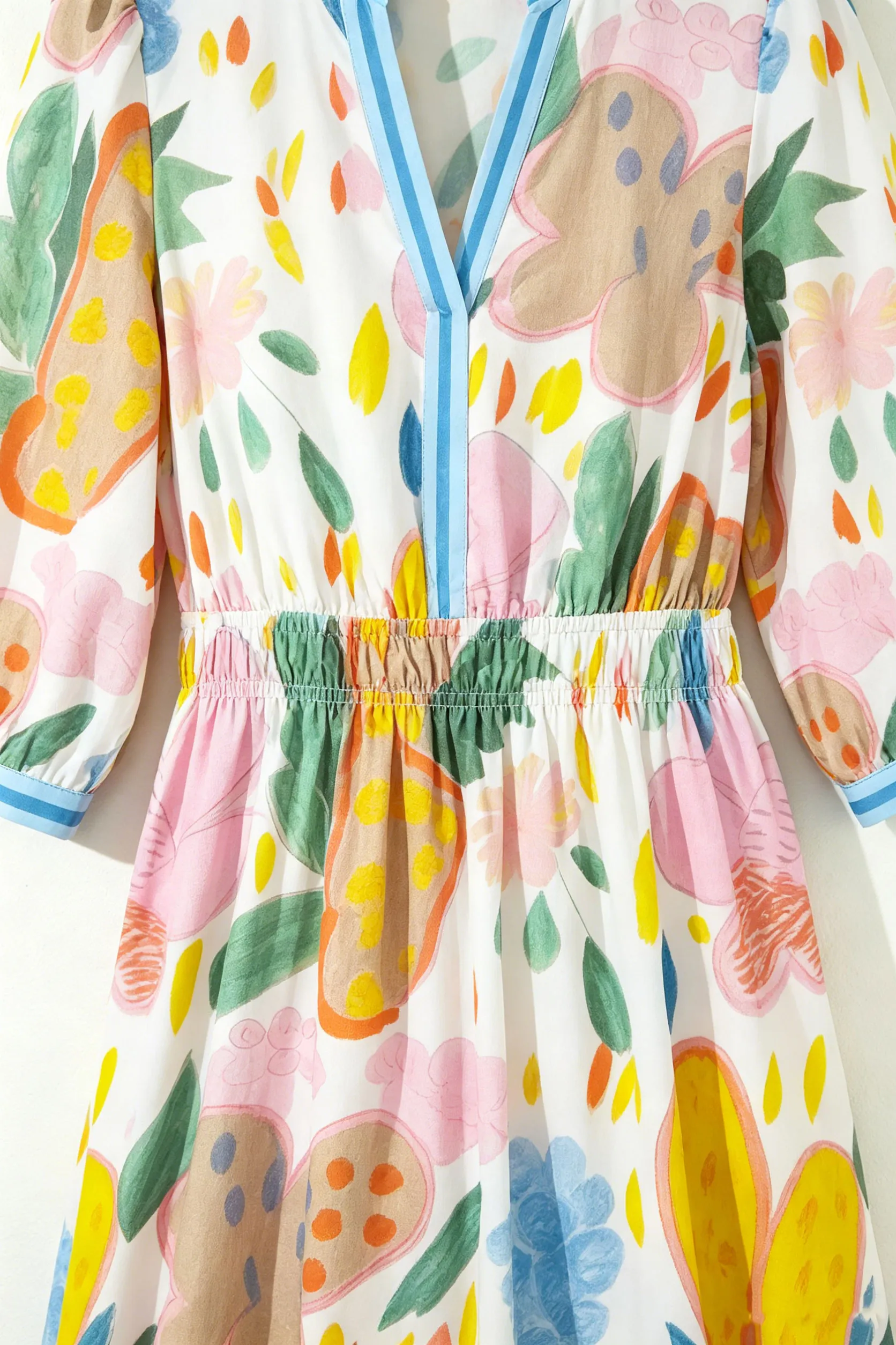 Multicolor Floral Print Striped Trim V-Neck Midi Dress