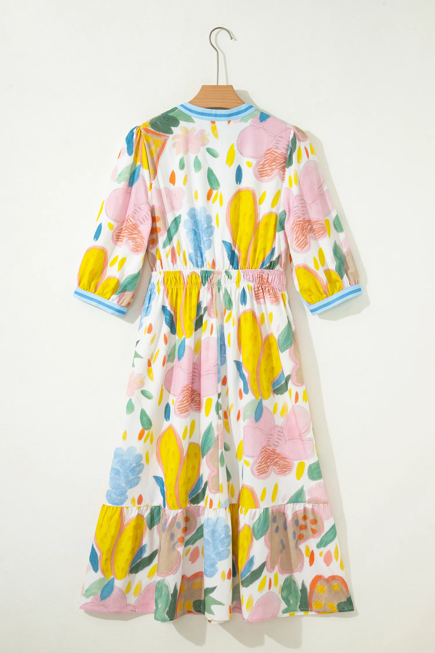 Multicolour Floral Doodle Print Striped Trim V Neck Midi Dress