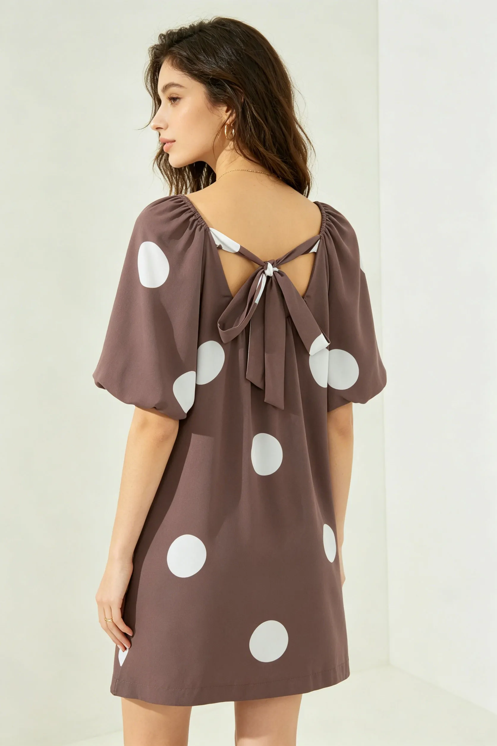 Brown Polka Dot Puff Sleeve Knot Back Mini Dress