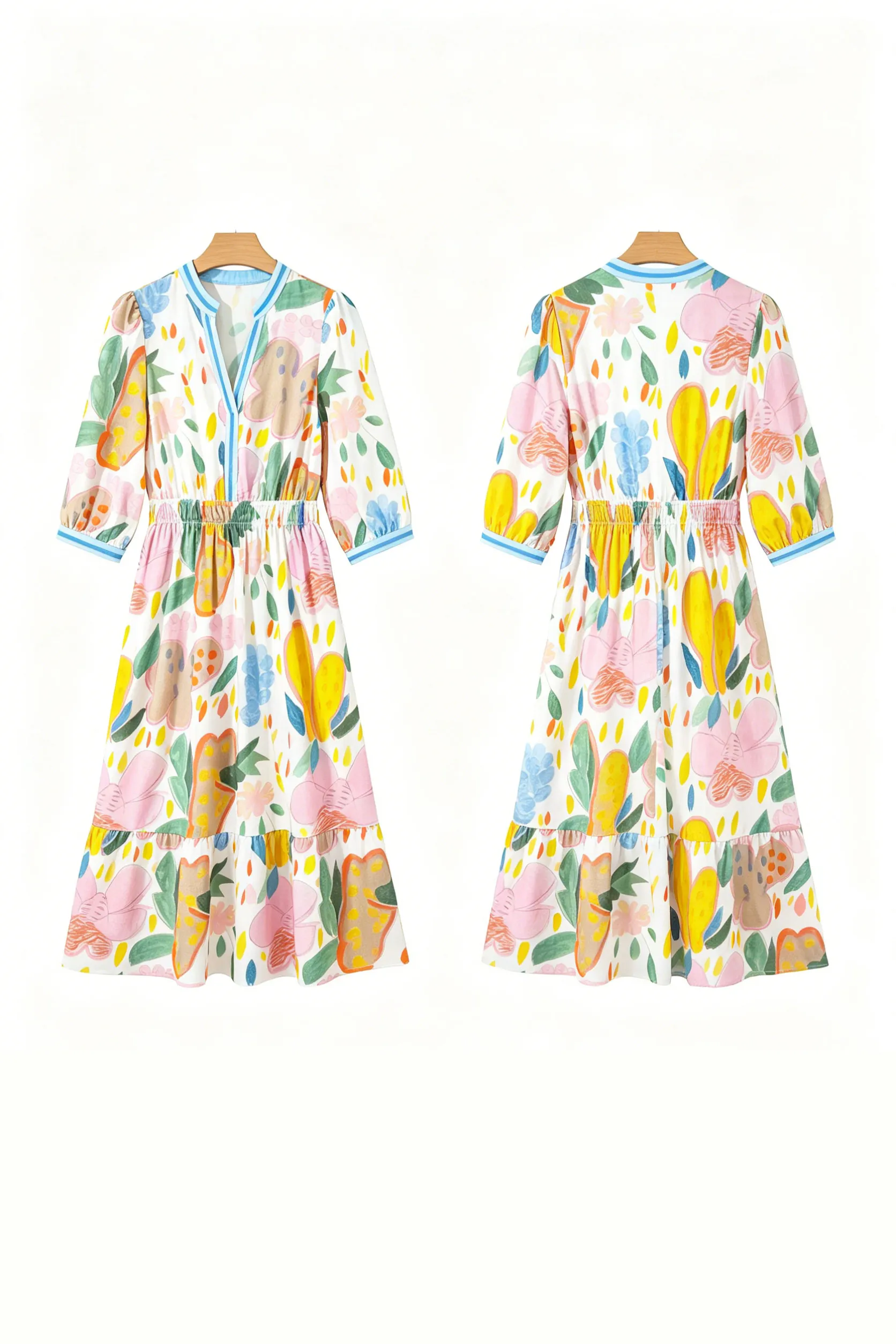 Multicolor Floral Print Striped Trim V-Neck Midi Dress