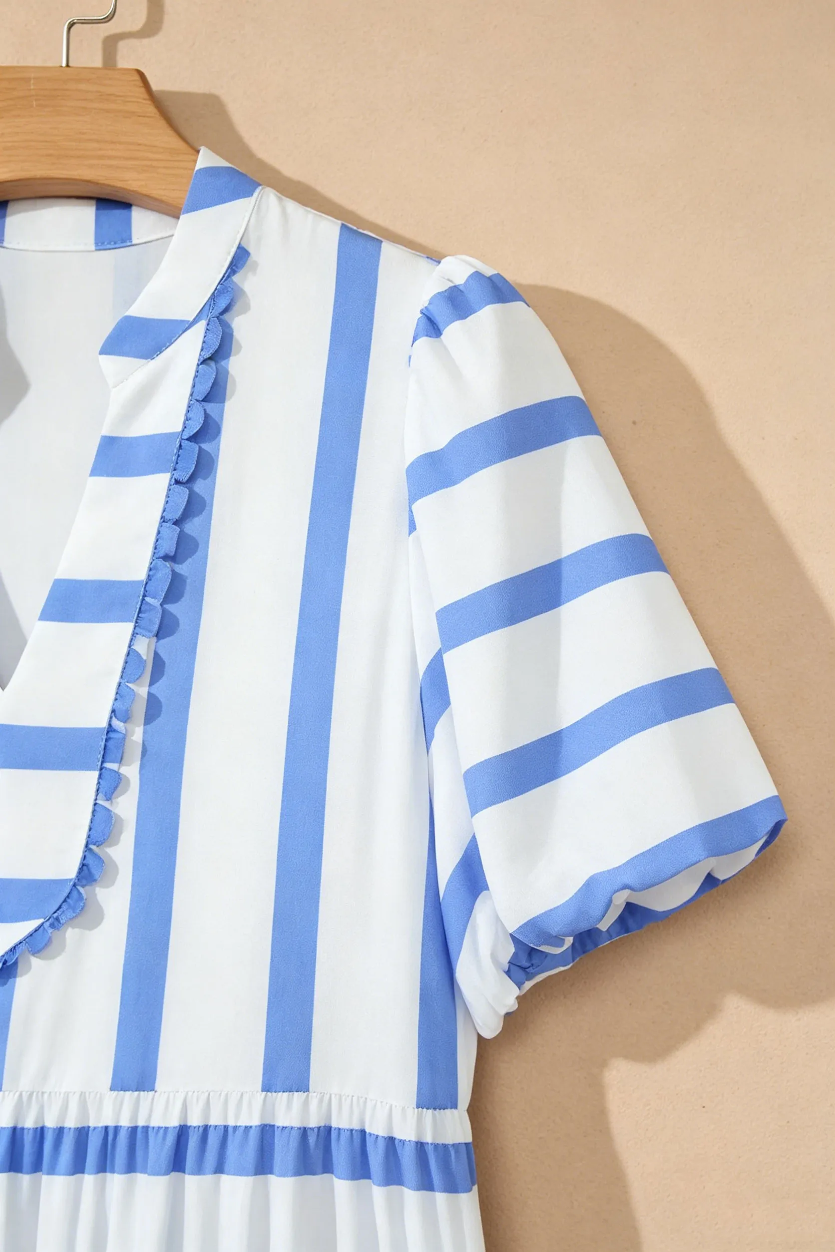 Sky Blue Striped Ricrac Trim V-Neck Midi Dress