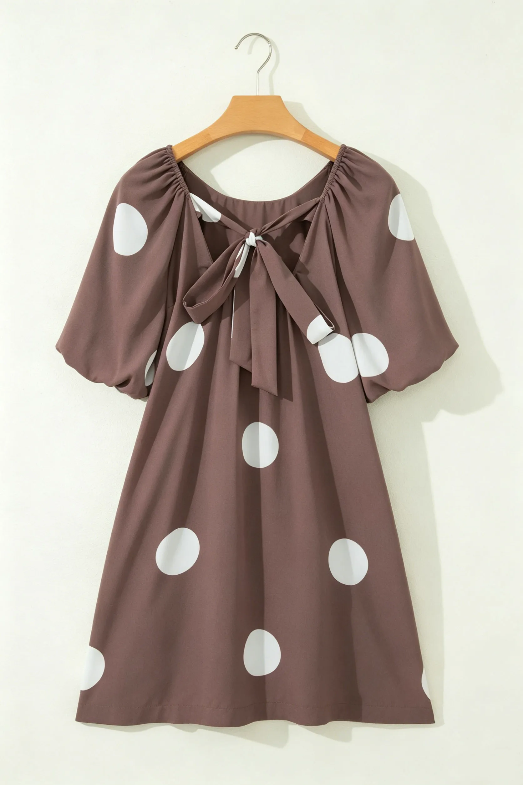 Brown Polka Dot Puff Sleeve Knot Back Mini Dress