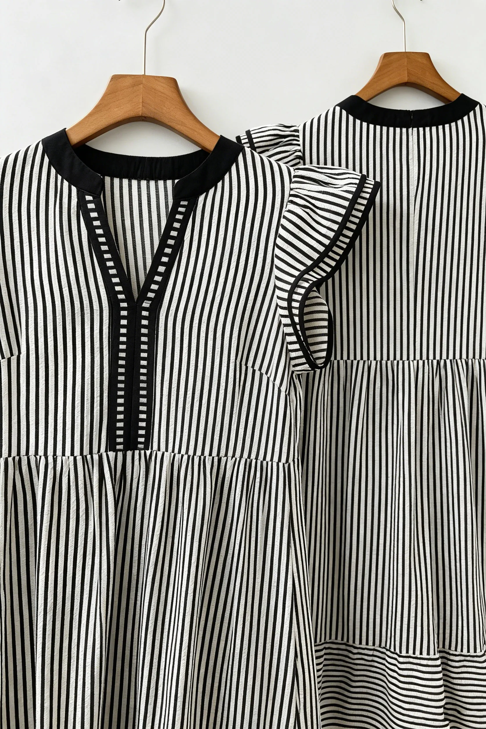 Black Striped Ruffle Sleeve V-Neck Midi Dress