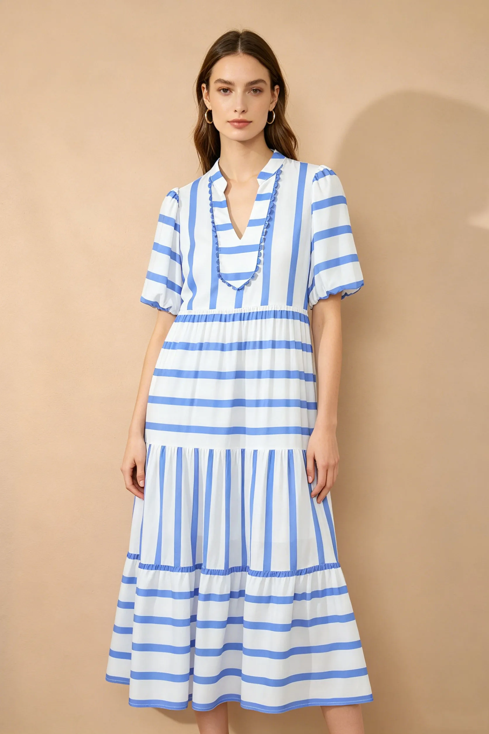 Sky Blue Striped Ricrac Trim V-Neck Midi Dress
