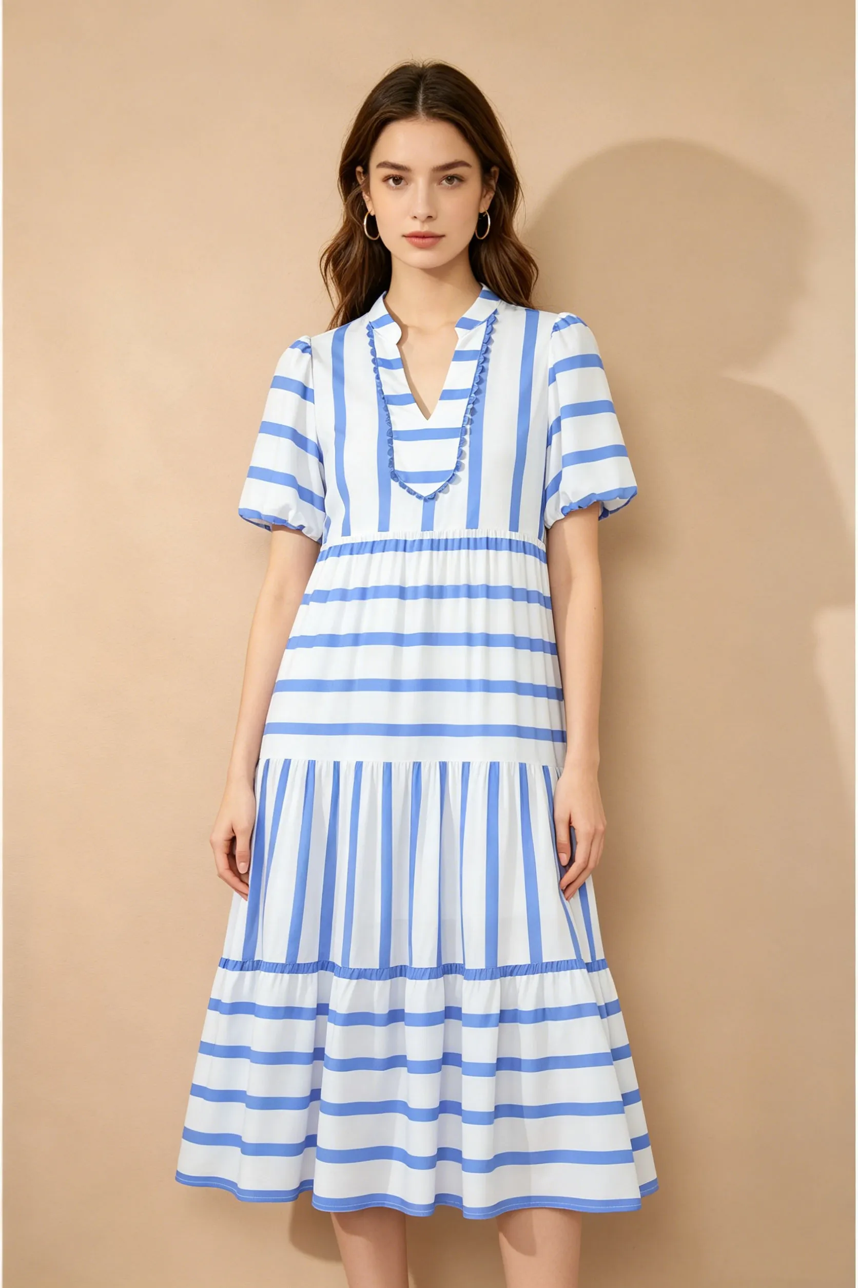 Sky Blue Striped Ricrac Trim V-Neck Midi Dress